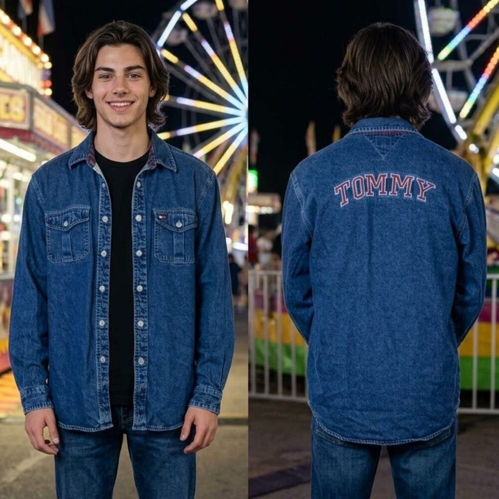 Vintage Tommy Hilfiger Jeans Denim Shirt Jacket Shacket Mens Medium 38 40 Y2K